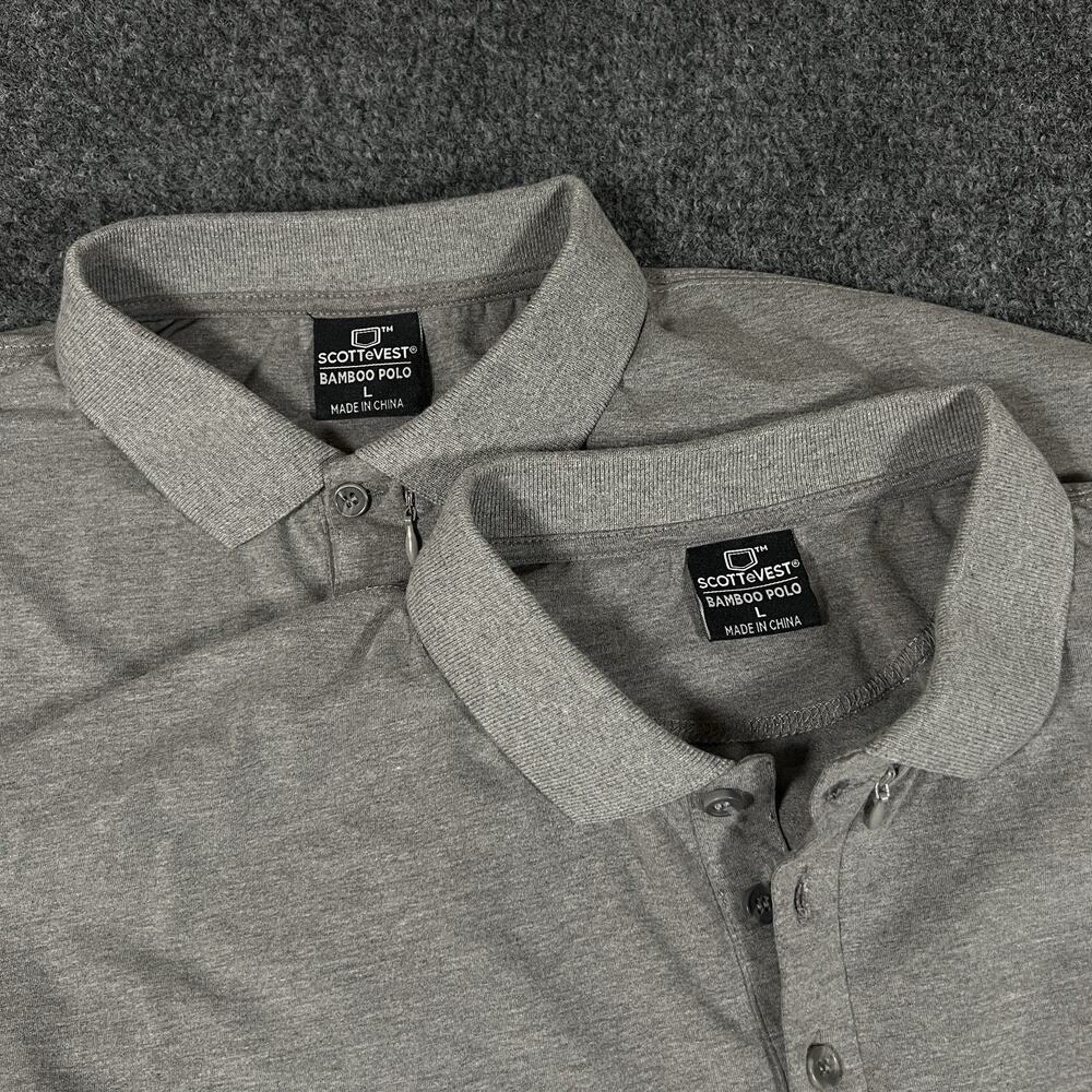 {LOT OF 2} ScotteVest Shirts Mens L Gray Bamboo Polo S/S Performance TEC